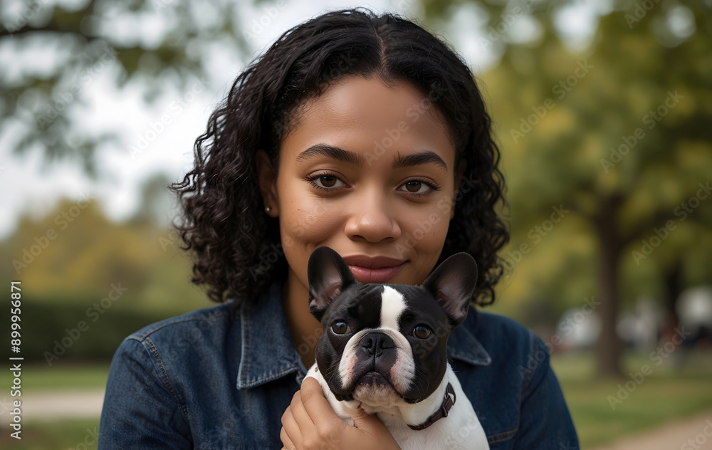 An African-American girl walks in the park with a French bulldog dog. An African-American girl walks in the park with a French bulldog dog.