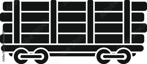 Black silhouette of a logging train waggon carrying wood cargo, isolated on a white background
