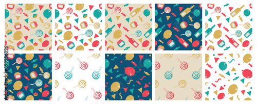 Set of Festive Fair Patterns. Seamless Vector Backgrounds with Goods Sold at the Fair. Jam, Sweets, Balloons, Flags, Cakes, Candies. For Banners, Invitations, Fairs
