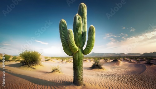 green spiky cactus standing tall in the middle of a vast desert, capturing the essence of desert survival and natural beauty