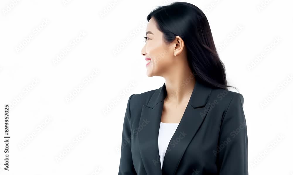 Lifestyle portrait video of a pleased Indonesian woman in her 30s wearing a sleek suit against a white background 