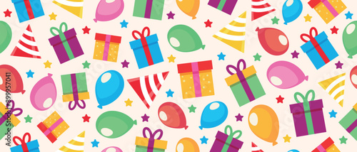 Seamless pattern Happy Birthday with gifts, caps and balloons.