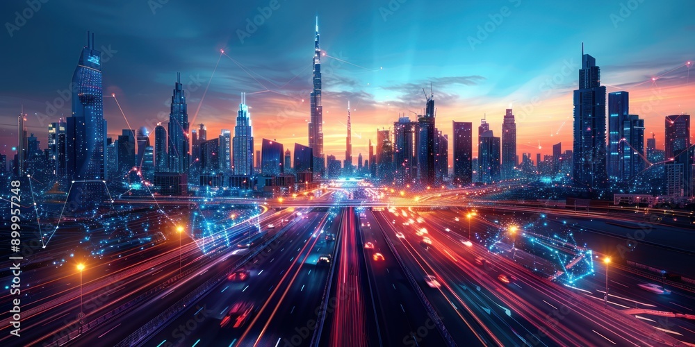 Modern Cityscape with Illuminated Highway and Connected Network Modern Cityscape with Illuminated Highway and Connected Network