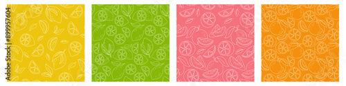 Lime, lemon, orange, grapefruit outline seamless Pattern collection. Doodle Sketch Citrus fruits Background. Cute colorful illustration set for package, cover, label, textile design