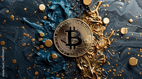 A Bitcoin coin sits on a swirling blue and gold abstract background. photo