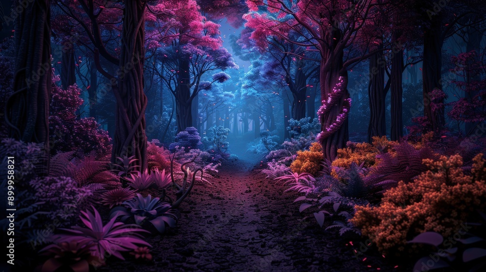 Fototapeta premium A path leads through a mystical forest with glowing trees and vibrant foliage under a twilight sky.