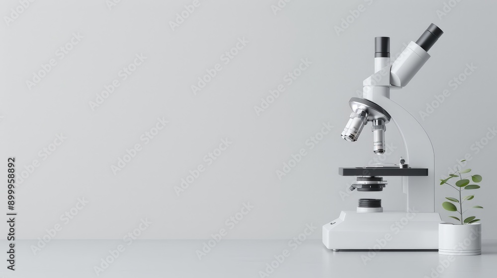 A white microscope stands on a white table with a plant in a pot against a white wall. A white microscope stands on a white table with a plant in a pot against a white wall.