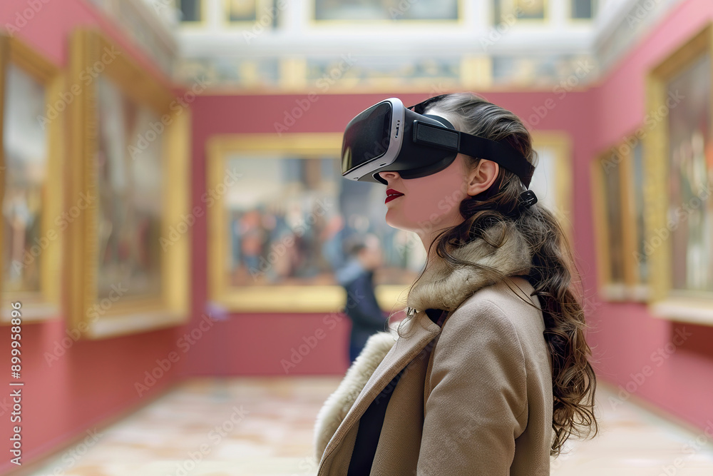 A woman wearing a virtual reality headset is looking at a museum. A woman wearing a virtual reality headset is looking at a museum.