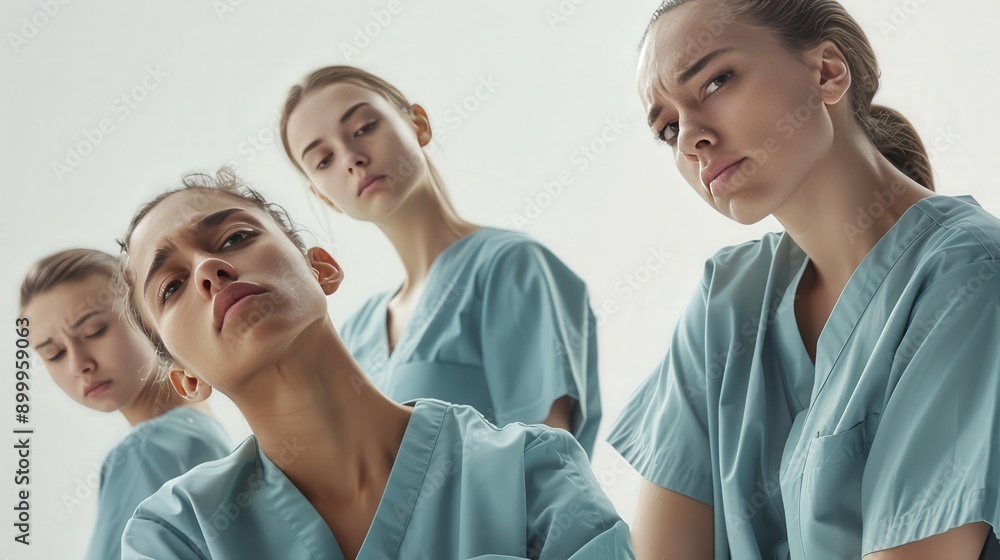 Four young women in blue scrubs look intently at the camera. They appear tired and worn, showcasing the emotional toll of their profession. Four young women in blue scrubs look intently at the camera. They appear tired and worn, showcasing the emotional toll of their profession.