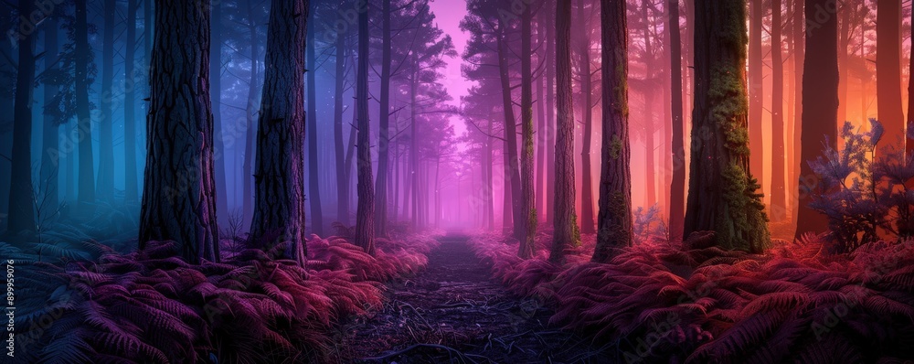 Obraz premium Mystical forest path bathed in ethereal light.