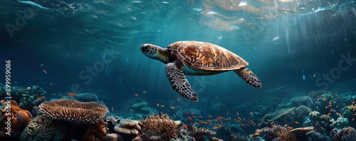 Sea turtle swimming through a vibrant coral reef.