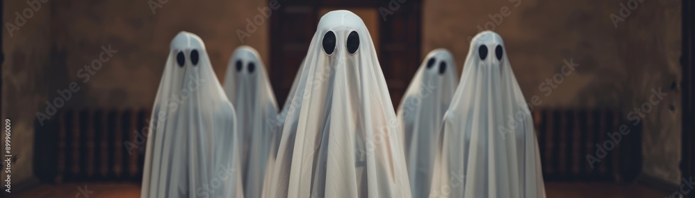 A group of ghostly figures with white sheets and black eyes in a dimly lit room, creating an eerie and spooky atmosphere perfect for Halloween. A group of ghostly figures with white sheets and black eyes in a dimly lit room, creating an eerie and spooky atmosphere perfect for Halloween.