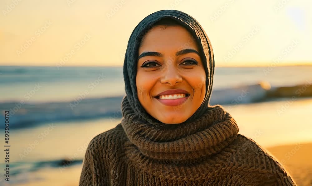 Portrait video of a pleased Saudi Arabian woman in her 30s wearing a cozy sweater against a beach background Portrait video of a pleased Saudi Arabian woman in her 30s wearing a cozy sweater against a beach background