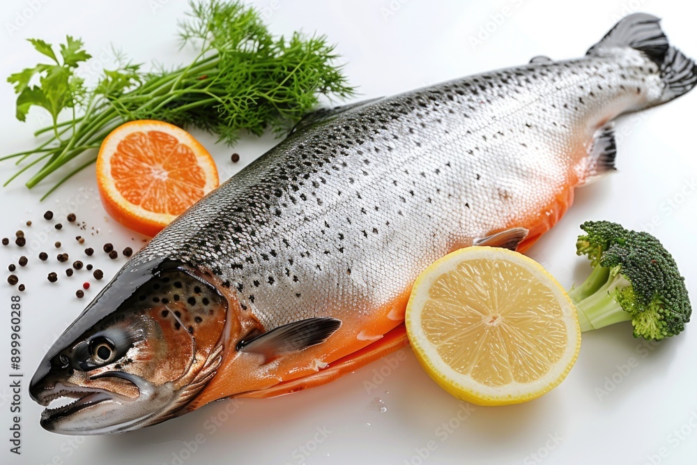 Prime Freshness - Whole Salmon Prepared for Cooking on a Clean White Background Prime Freshness - Whole Salmon Prepared for Cooking on a Clean White Background