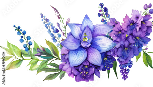 Fototapeta Naklejka Na Ścianę i Meble -  watercolor purple and blue flower with leaves Delphinium Flower with branch and leaves isolated on white background, corner border