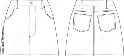 zippered short mini a line denim jean skirt template technical drawing flat sketch cad mockup fashion woman design style model
