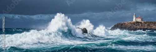 breathtaking scene of a massive wave crashing against the shore, creating a dramatic display of nature's raw power. photo