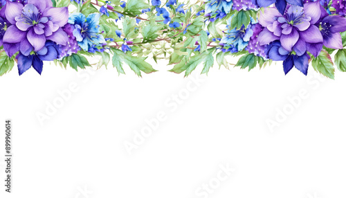 Fototapeta Naklejka Na Ścianę i Meble -  watercolor purple and blue flower with leaves Delphinium Flower with branch and leaves isolated on white background, corner border
