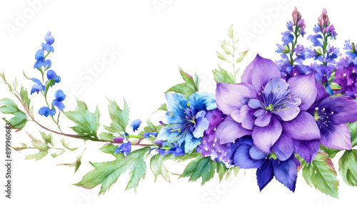 Fototapeta Naklejka Na Ścianę i Meble -  watercolor purple and blue flower with leaves Delphinium Flower with branch and leaves isolated on white background, corner border
