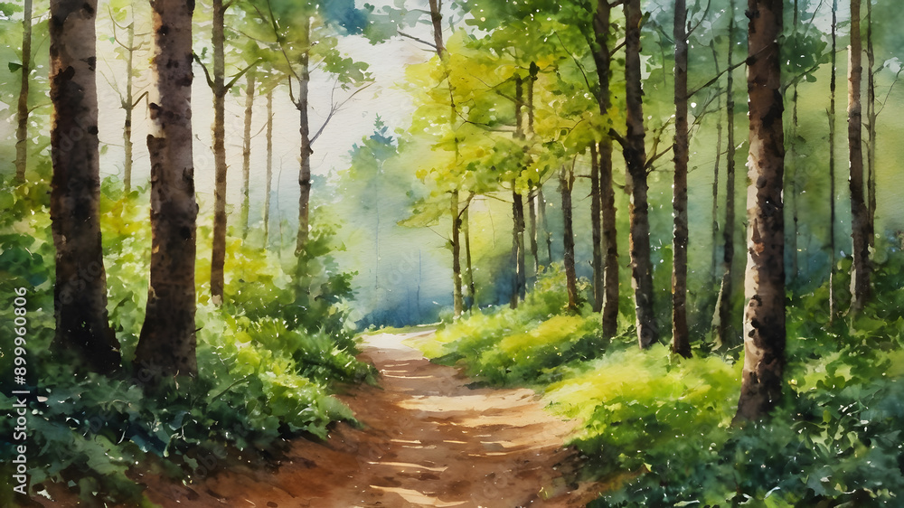 Fototapeta premium Dirt road in the forest in oil painting. Generative AI