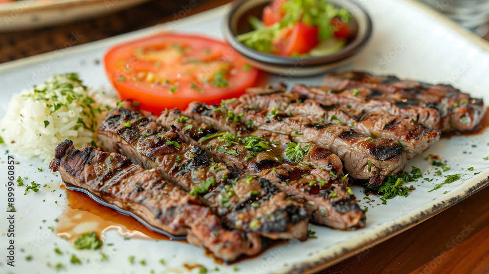 plate of grilled and marinated prime beef medium rare with rice, tomato salad and pico de gallo on the side plate of grilled and marinated prime beef medium rare with rice, tomato salad and pico de gallo on the side