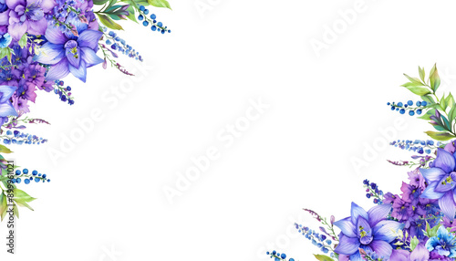 Fototapeta Naklejka Na Ścianę i Meble -  watercolor purple and blue flower with leaves Delphinium Flower with branch and leaves isolated on white background, corner border