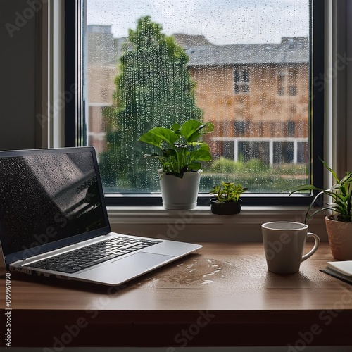 Wallpaper Mural A cozy office corner with a desk, laptop, and a steaming cup of coffee, set against a window Torontodigital.ca