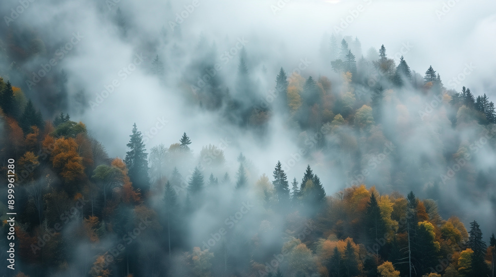 Misty and foggy forest, fall background Misty and foggy forest, fall background