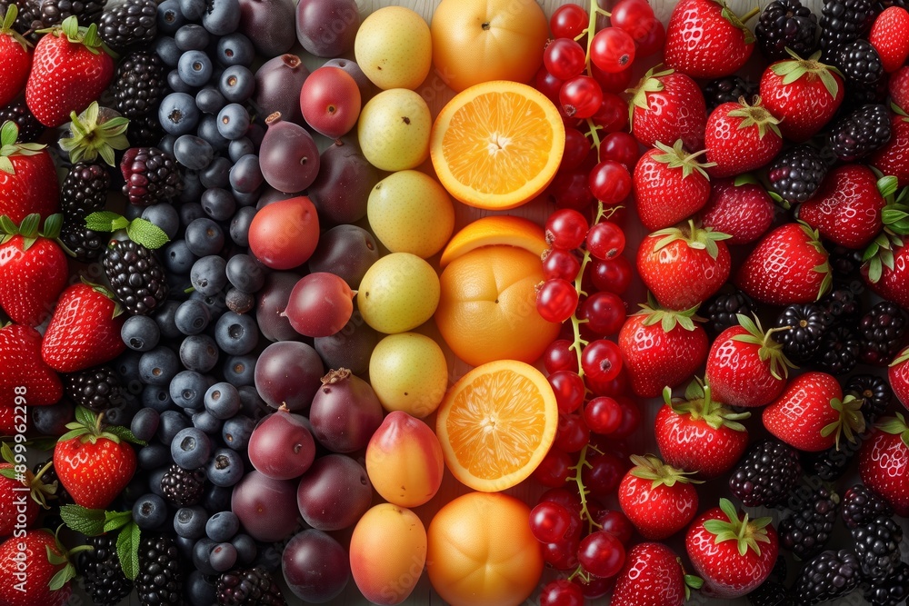 This image displays a wide selection of fresh fruits, including berries, citrus, and pitted fruits, all arranged together in a visually appealing and neatly organized manner. This image displays a wide selection of fresh fruits, including berries, citrus, and pitted fruits, all arranged together in a visually appealing and neatly organized manner.