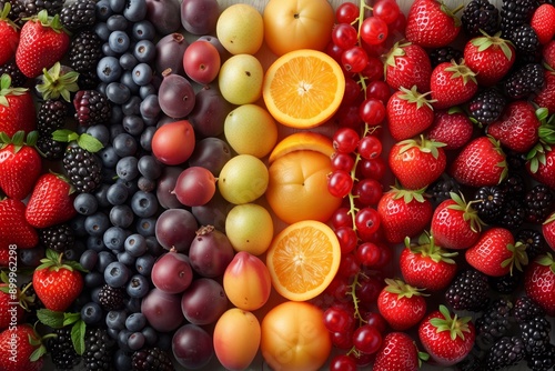 This image displays a wide selection of fresh fruits, including berries, citrus, and pitted fruits, all arranged together in a visually appealing and neatly organized manner.