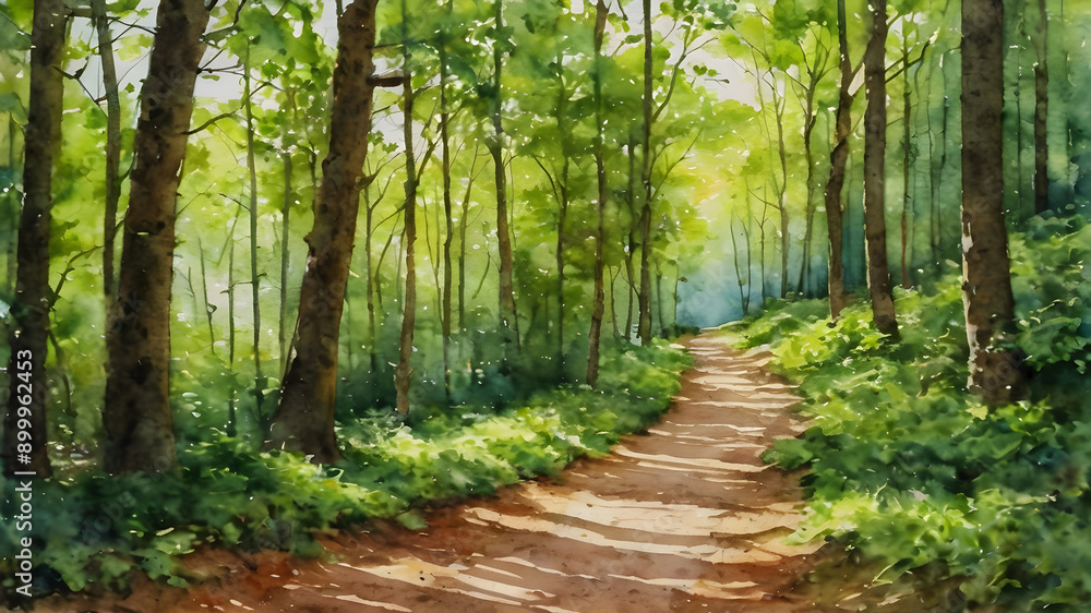 Fototapeta premium Dirt road in the forest in oil painting. Generative AI