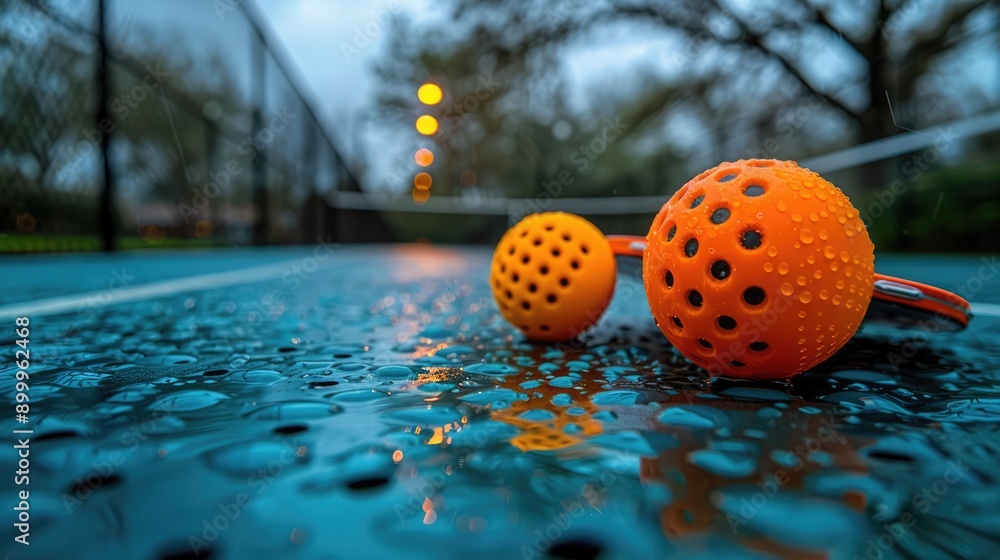 Fototapeta premium Pickleball paddles and balls on a game court. The sports equipment is ready for game play