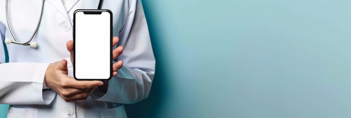 Doctor holding a smartphone with a blank screen against a teal background. Great for telemedicine mockups and healthcare tech.