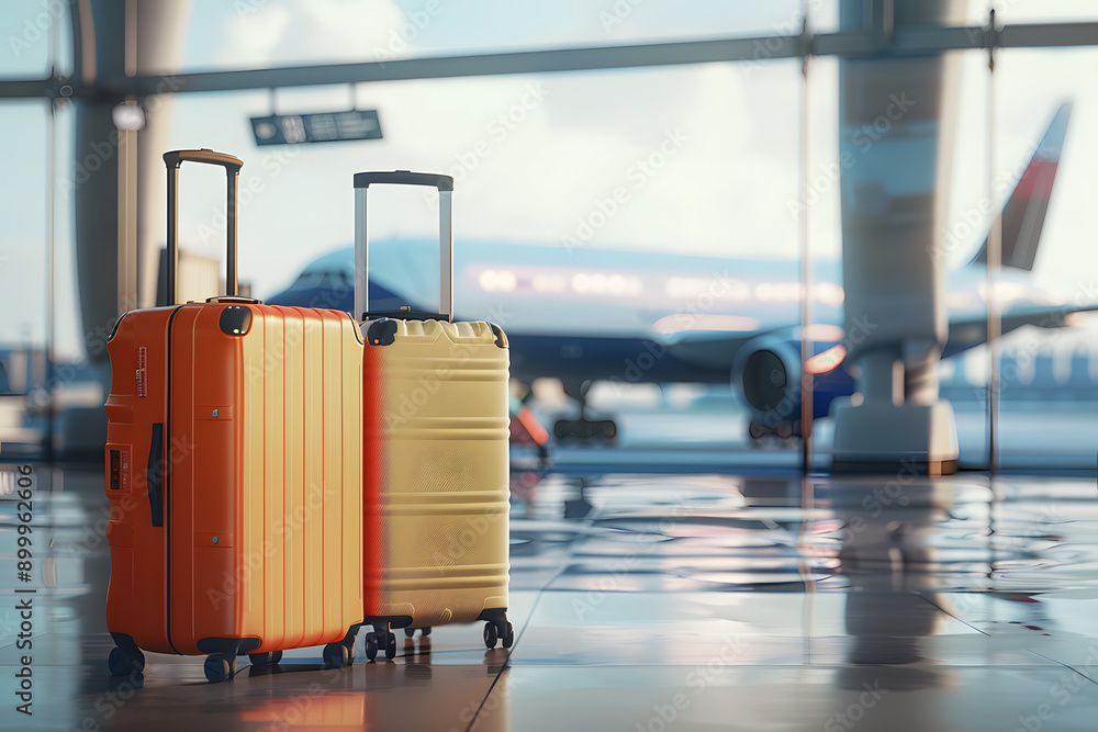 Two suitcases at an airport terminal with an airplane in the background, conveying a concept of travel and adventure, light. 3D Rendering Two suitcases at an airport terminal with an airplane in the background, conveying a concept of travel and adventure, light. 3D Rendering