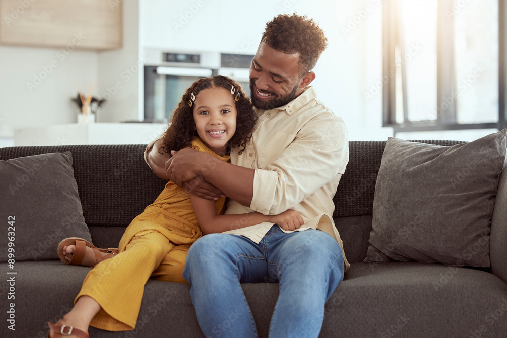 Hug, sofa and child with father in home for love, care and bonding together on weekend. Smile, connection and girl kid embracing single dad for relax in living room on weekend at house in Colombia. Hug, sofa and child with father in home for love, care and bonding together on weekend. Smile, connection and girl kid embracing single dad for relax in living room on weekend at house in Colombia.