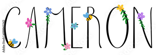 Cameron - colore nero con fiori primaverili e api - nome scritto - ideale per siti web, presentazioni, saluti, banner, biglietti, libri, t-shirt, felpe, stampe, cricut, silhouette, sublimazione
