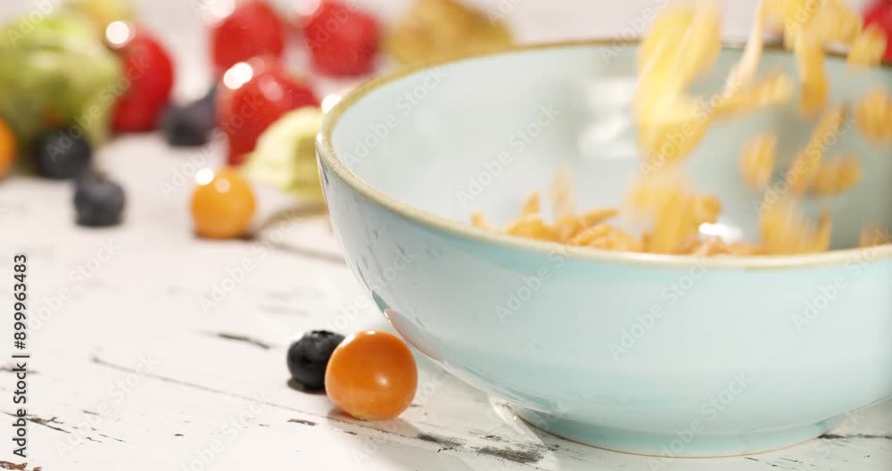 Pouring corn flakes into a bowl against the background of various berries lying on the breakfast table. Pouring corn flakes into a bowl against the background of various berries lying on the breakfast table.
