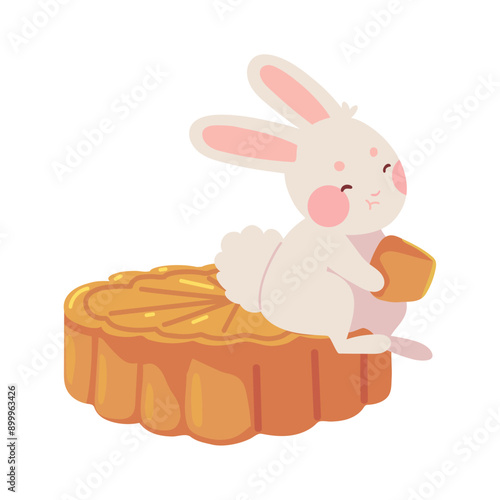 mid autumn rabbit sitting on a giant moon cake