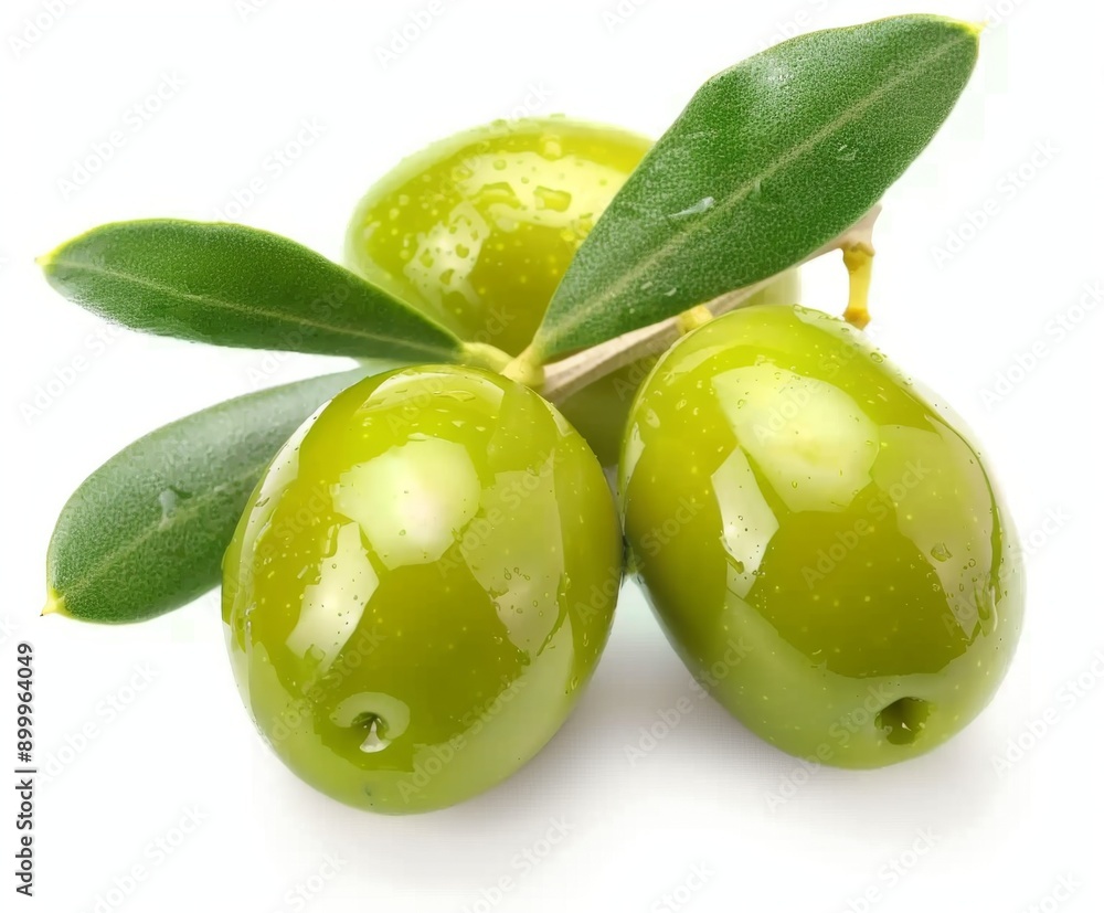 Obraz premium green olives with leaves on a white background