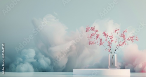 Pink Flowers in Vase Against Blue and White Clouds