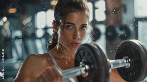 Focused woman lifting dumbbells at the gym. Healthy lifestyle and strength training. Motivational and inspirational fitness photo. AI