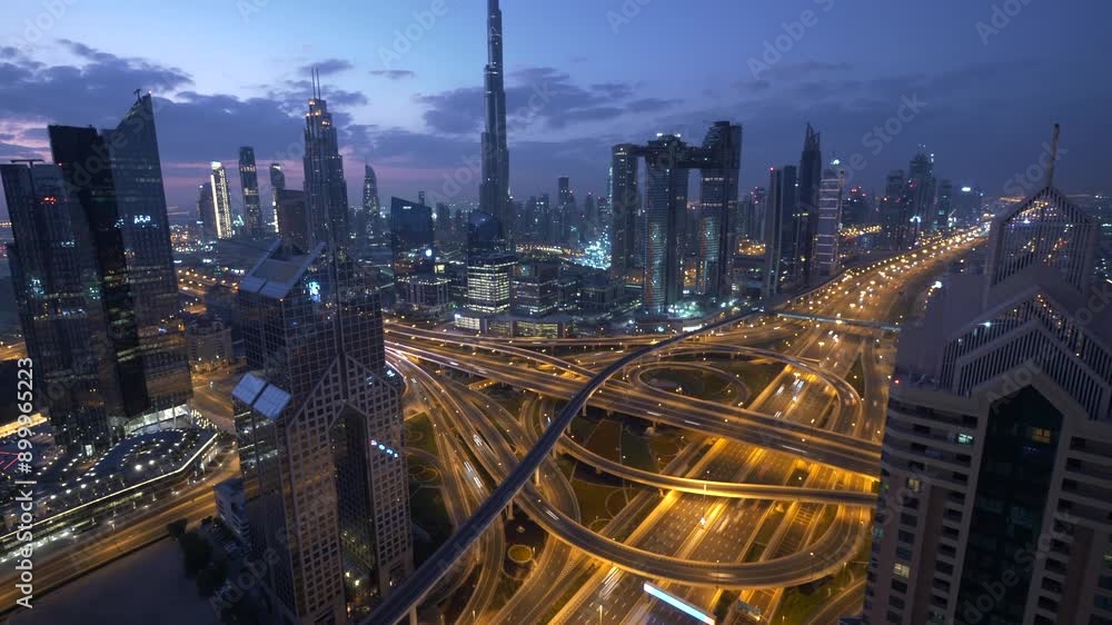 Dubai cityscape at dusk with tall buildings, highways, modern architecture, and vibrant city lights Dubai cityscape at dusk with tall buildings, highways, modern architecture, and vibrant city lights