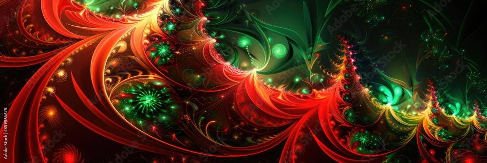 Red and green abstract background with digital Christmas tree fractals Red and green abstract background with digital Christmas tree fractals