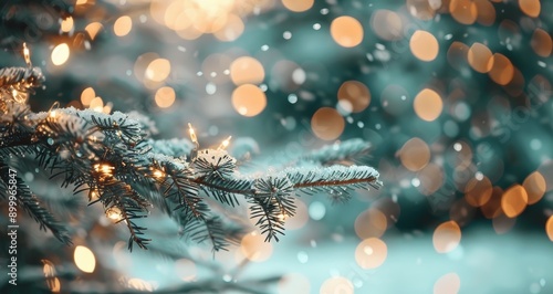 Evergreen Branch With Lights and Snow