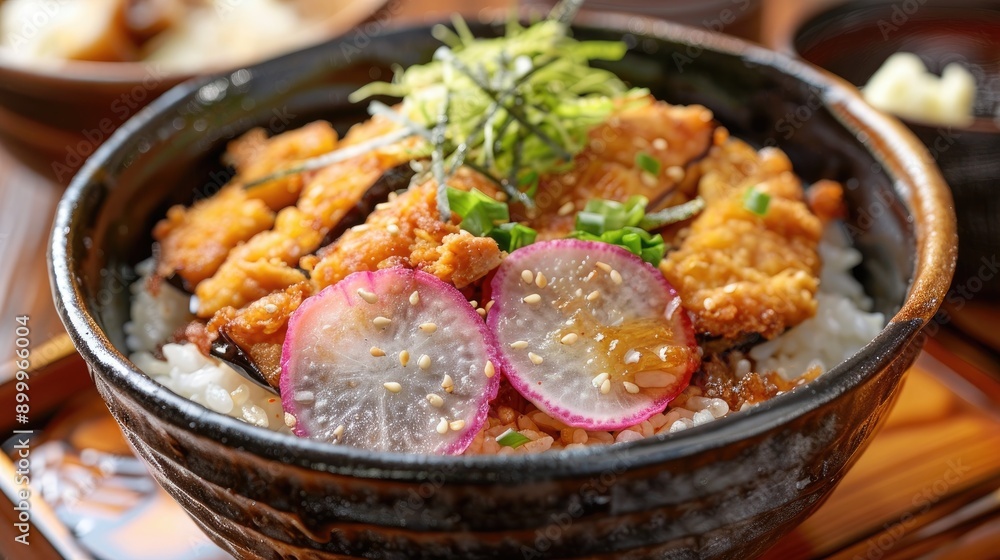 Vegetarian Dish of Deep Fried Eggplant and Radish on Rice from Japan Vegetarian Dish of Deep Fried Eggplant and Radish on Rice from Japan