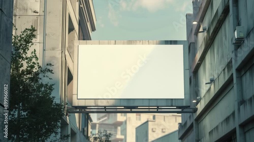 An empty huge poster mockup on the roof of a mall; white template placeholder of an advertising billboard on the rooftop of a modern building framed by trees; blank mock-up of an outdoor info banner