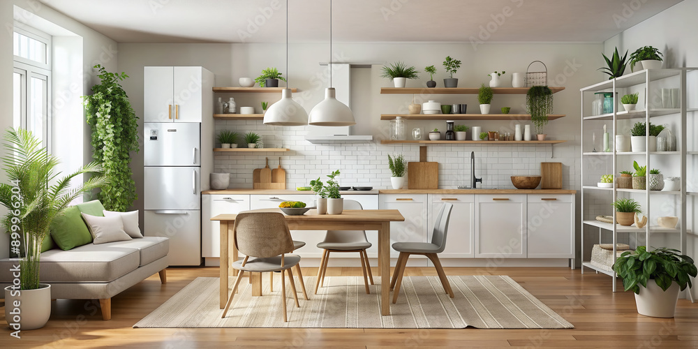 Rent of modern housing sale of new apartment modern renovation White furniture with utensils shelves with crockery and plants in pots refrigerator in simple minimal dining room empty s : Generative AI Rent of modern housing sale of new apartment modern renovation White furniture with utensils shelves with crockery and plants in pots refrigerator in simple minimal dining room empty s : Generative AI