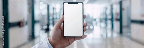 Hand holding a smartphone with a blank screen in a hospital corridor. Ideal for medical technology and telehealth applications.