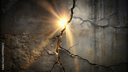 A dimly lit cracked wall with a beam of light shining through a fissure, revealing a deeper crack with a faint hand-like shape reaching for the light.