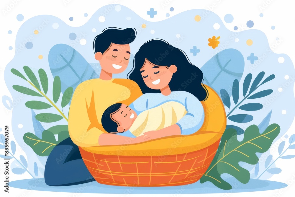 Whimsical cartoon family with baby pastel colors flat design highlighting love and unity in a playful cheerful setting